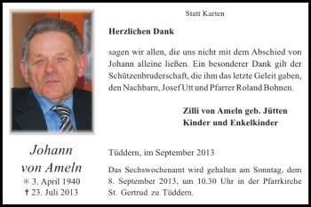 Traueranzeige von Johann von Ameln von Super Sonntag / Super Mittwoch