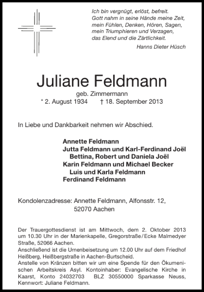  Traueranzeige für Juliane Feldmann vom 28.09.2013 aus Aachener Zeitung / Aachener Nachrichten