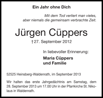 Traueranzeige von Jürgen Cüppers von Super Sonntag / Super Mittwoch