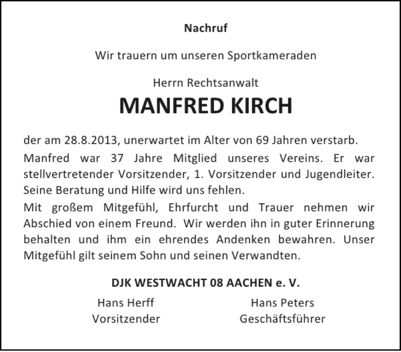 Traueranzeige für MANFRED KIRCH vom 07.09.2013 aus Aachener Zeitung / Aachener Nachrichten