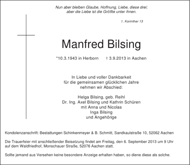  Traueranzeige für Manfred Bilsing vom 05.09.2013 aus Aachener Zeitung / Aachener Nachrichten