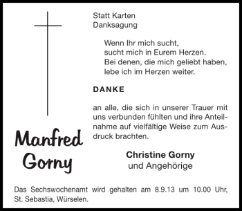 Traueranzeige von Manfred Gorny von Super Sonntag / Super Mittwoch