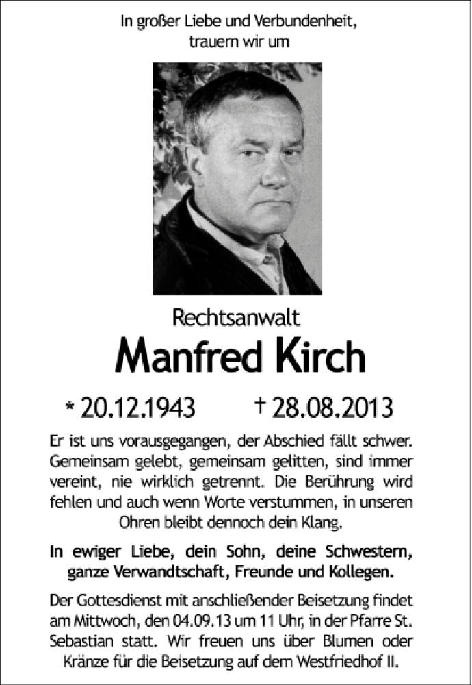  Traueranzeige für Manfred Kirch vom 02.09.2013 aus Aachener Zeitung / Aachener Nachrichten