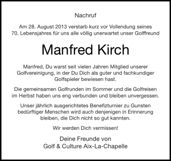 Traueranzeige von Manfred Kirch von Aachener Zeitung / Aachener Nachrichten