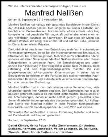 Traueranzeige von Manfred Nelißen von Aachener Zeitung / Aachener Nachrichten