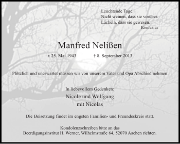 Traueranzeige von Manfred Nelißen von Aachener Zeitung / Aachener Nachrichten