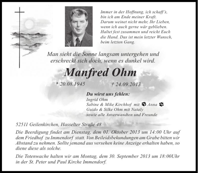  Traueranzeige für Manfred Ohm vom 28.09.2013 aus Aachener Zeitung / Aachener Nachrichten