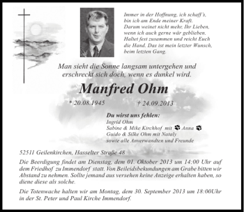 Traueranzeige von Manfred Ohm von Aachener Zeitung / Aachener Nachrichten