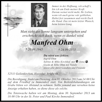 Traueranzeige von Manfred Ohm von Super Sonntag / Super Mittwoch