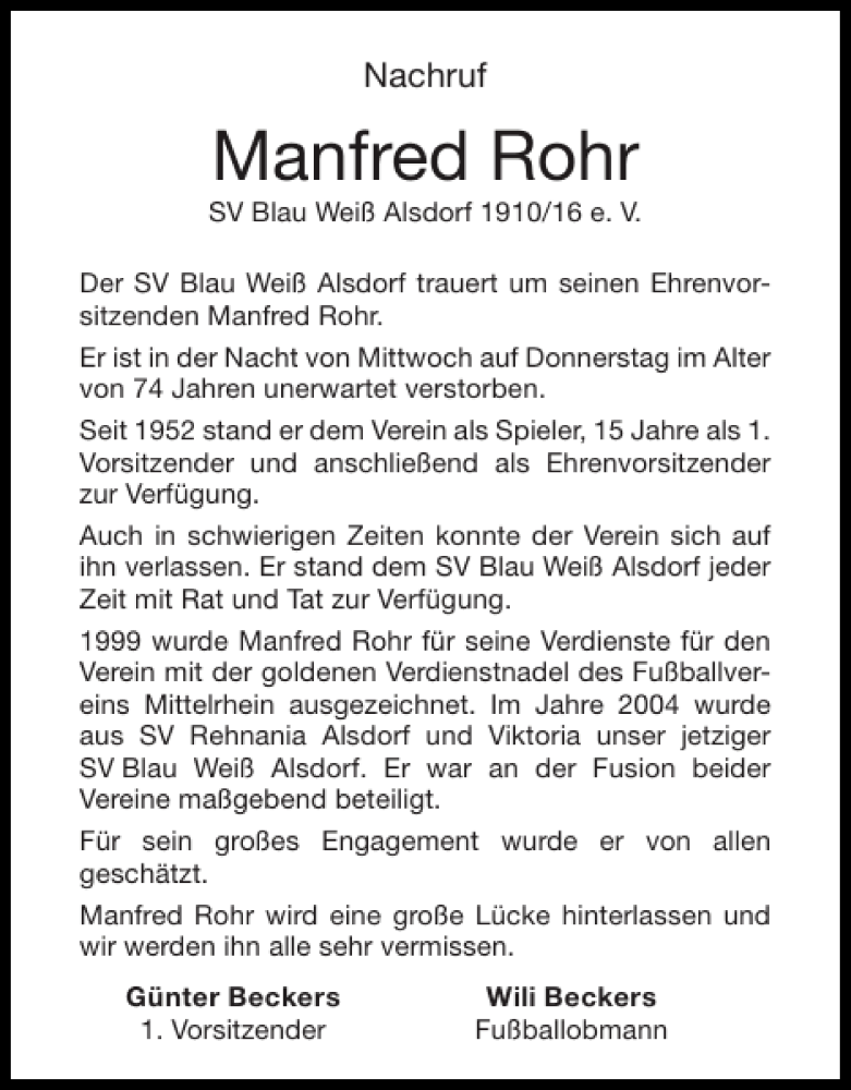  Traueranzeige für Manfred Rohr vom 25.09.2013 aus Super Sonntag / Super Mittwoch