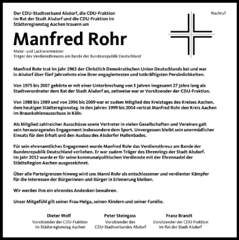 Traueranzeige von Manfred Rohr von Super Sonntag / Super Mittwoch