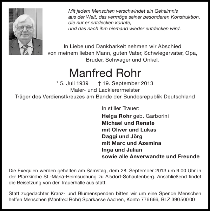  Traueranzeige für Manfred Rohr vom 22.09.2013 aus Super Sonntag / Super Mittwoch