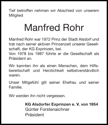 Traueranzeige von Manfred Rohr von Super Sonntag / Super Mittwoch