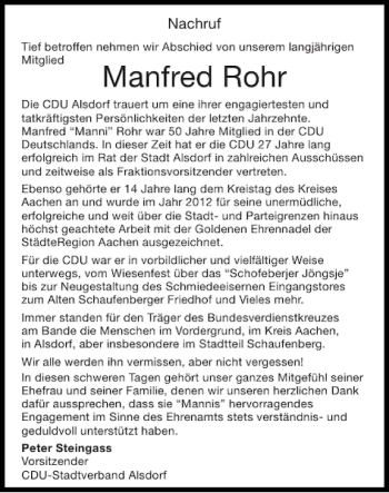 Traueranzeige von Manfred Rohr von Aachener Zeitung / Aachener Nachrichten