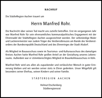 Traueranzeige von Manfred Rohr von Aachener Zeitung / Aachener Nachrichten