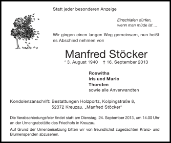 Traueranzeige von Manfred Stöcker von Super Sonntag / Super Mittwoch