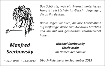 Traueranzeige von Manfred Szerbowsky von Super Sonntag / Super Mittwoch