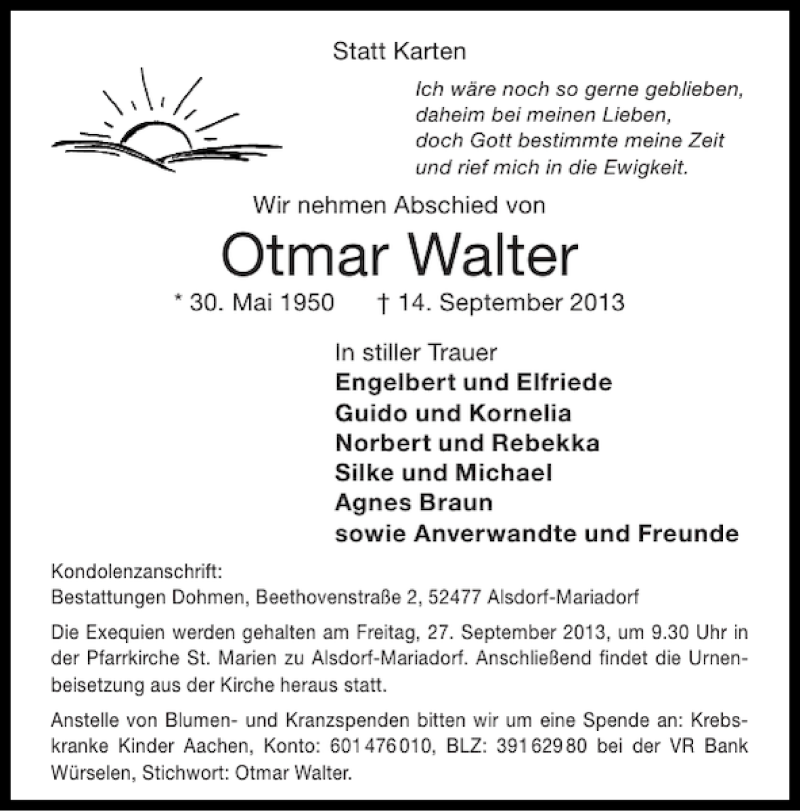  Traueranzeige für Otmar Walter vom 22.09.2013 aus Super Sonntag / Super Mittwoch