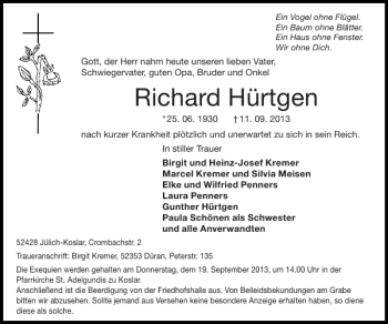 Traueranzeige von Richard Hürtgen von Super Sonntag / Super Mittwoch