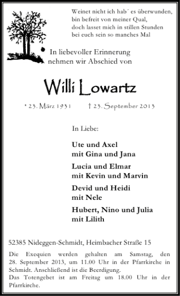 Traueranzeige von Willi Lowartz Willi L owartz von Aachener Zeitung / Aachener Nachrichten