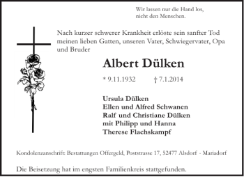 Traueranzeige von Albert Dülken von Aachener Zeitung / Aachener Nachrichten