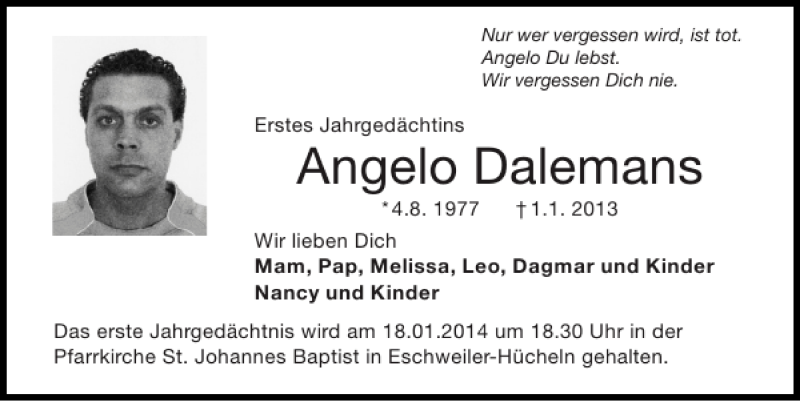  Traueranzeige für Angelo Dalemans vom 12.01.2014 aus Super Sonntag / Super Mittwoch