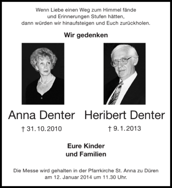 Traueranzeige von Anna Denter Heribert Denter von Aachener Zeitung / Aachener Nachrichten