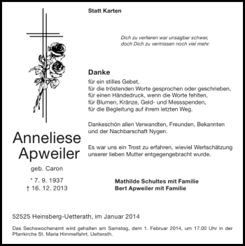 Traueranzeige von Anneliese Apweiler von Super Sonntag / Super Mittwoch
