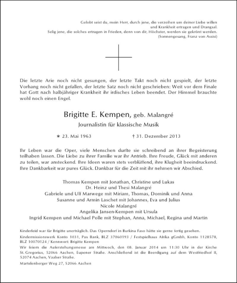  Traueranzeige für Brigitte E. Kempen vom 04.01.2014 aus Aachener Zeitung / Aachener Nachrichten