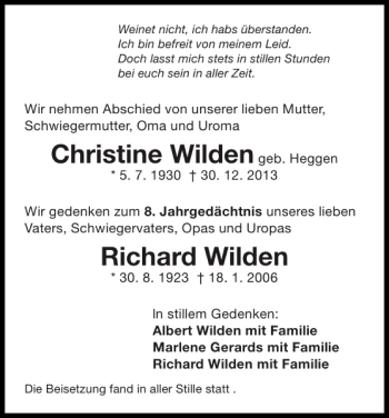Traueranzeige von Christine Wilden Richard Wilden von Super Sonntag / Super Mittwoch