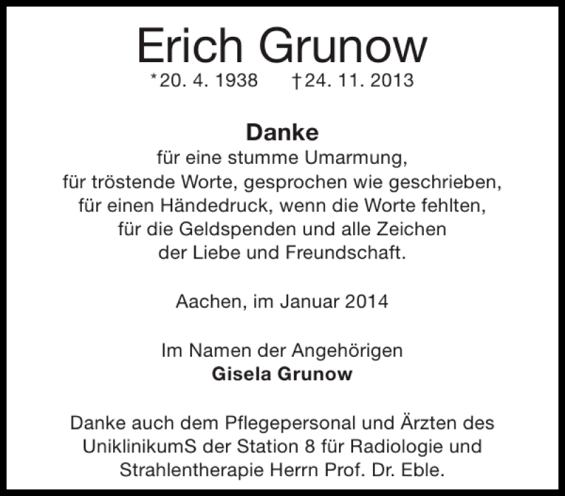  Traueranzeige für Erich Grunow vom 18.01.2014 aus Aachener Zeitung / Aachener Nachrichten