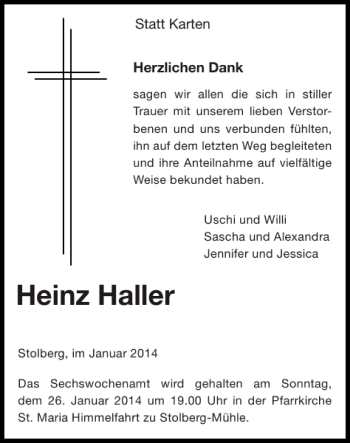 Traueranzeige von Heinz Haller von Super Sonntag / Super Mittwoch