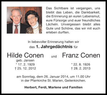 Traueranzeige von Hilde Conen Franz Conen von Super Sonntag / Super Mittwoch