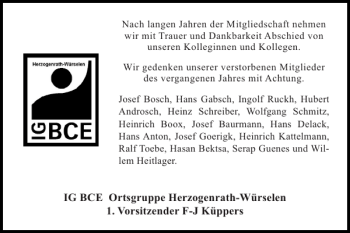Traueranzeige von IG BCE Ortsgruppe Herzogenrath-?WürselenVorsitzender F-J Küppers  von Super Sonntag / Super Mittwoch