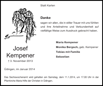 Traueranzeige von Josef Kempener von Super Sonntag / Super Mittwoch