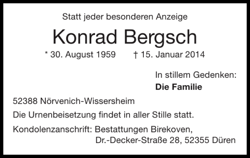  Traueranzeige für Konrad Bergsch vom 26.01.2014 aus Super Sonntag / Super Mittwoch