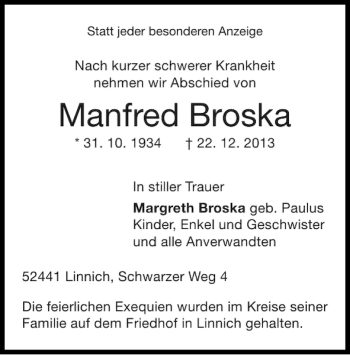 Traueranzeige von Manfred Broska von Super Sonntag / Super Mittwoch