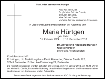 Traueranzeige von Maria Hürtgen von Super Sonntag / Super Mittwoch