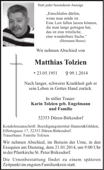Traueranzeige von Matthias Tolzien von Super Sonntag / Super Mittwoch