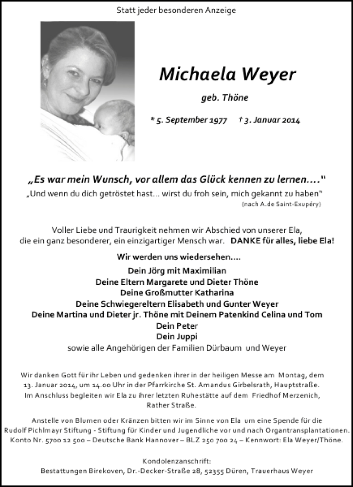 Traueranzeige für Michaela Weyer vom 11.01.2014 aus Aachener Zeitung / Aachener Nachrichten