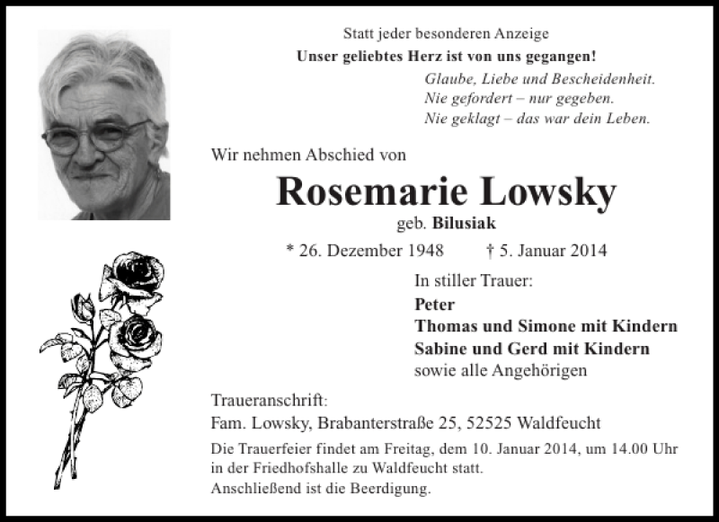  Traueranzeige für Rosemarie Lowsky vom 08.01.2014 aus Aachener Zeitung / Aachener Nachrichten