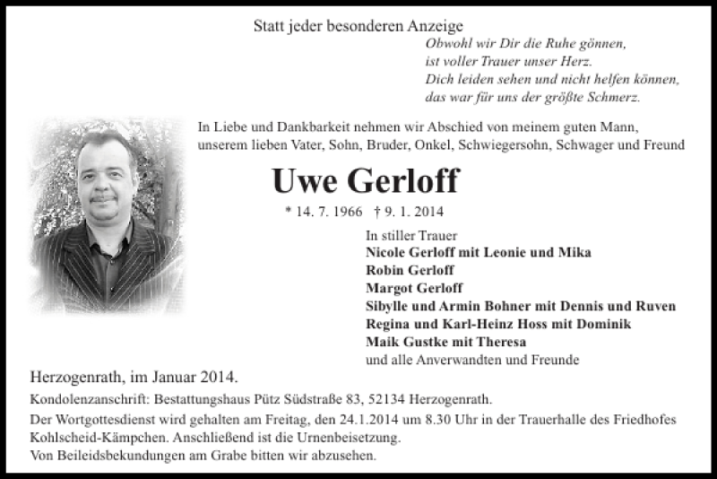 Traueranzeige für Uwe Gerloff vom 19.01.2014 aus Super Sonntag / Super Mittwoch
