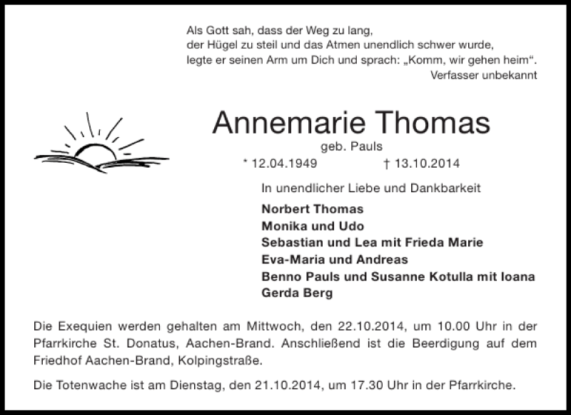 Traueranzeige für Annemarie Thomas vom 18.10.2014 aus Aachener Zeitung / Aachener Nachrichten