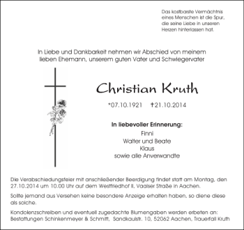 Traueranzeige von Christian Christian Christian Christian Kruth Kruth Kruth  von Aachener Zeitung / Aachener Nachrichten