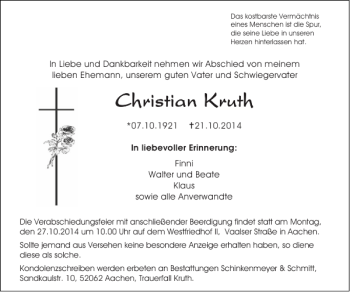 Traueranzeige von Christian Christian Christian Kruth Kruth Kruth  von Super Sonntag / Super Mittwoch