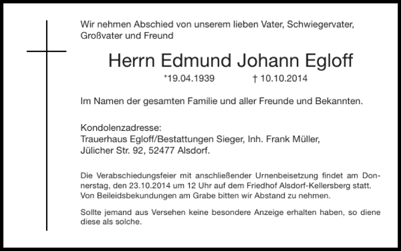  Traueranzeige für Edmund Johann Egloff vom 19.10.2014 aus Super Sonntag / Super Mittwoch