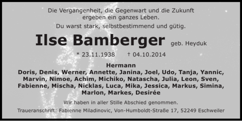  Traueranzeige für Ilse Bamberger vom 12.10.2014 aus Super Sonntag / Super Mittwoch