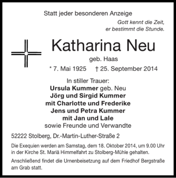 Traueranzeige von Katharina Neu von Super Sonntag / Super Mittwoch