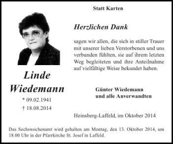 Traueranzeige von Linde Wiedemann von Super Sonntag / Super Mittwoch