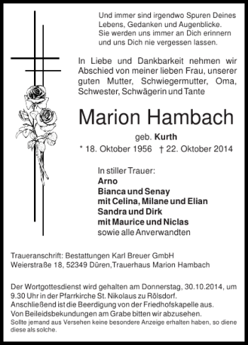 Traueranzeige von Marion Hambach von Super Sonntag / Super Mittwoch